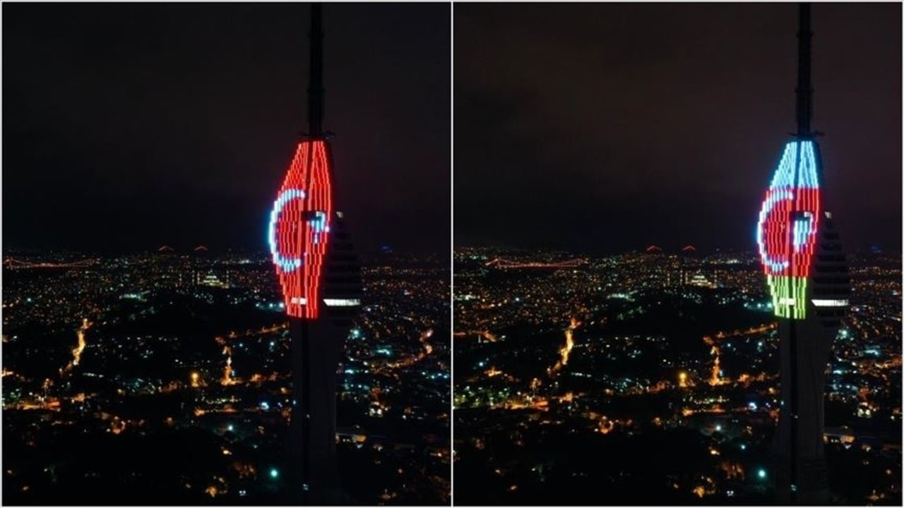 Türkiye ve Azerbaycan bayrakları Çamlıca Kulesinde